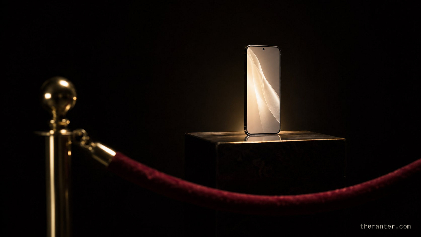 A single smartphone on a dark pedestal, warmly backlit, set behind a polished brass stanchion and a red velvet rope, like an everyday object roped off as a museum exhibit. A single smartphone on a dark pedestal, warmly backlit, set behind a polished brass stanchion and a red velvet rope, like an everyday object roped off as a museum exhibit.