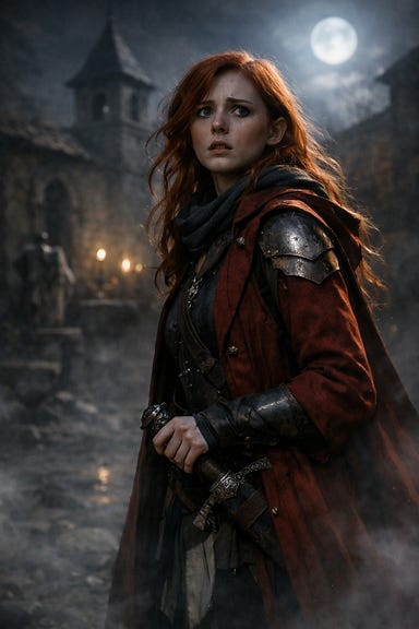 Ireena Kolyana in traveler's gear and armor, wearing a long crimson coat, stands in a misty Barovian courtyard at night, gazing in shock and sorrow at what Izek has become. Her fiery red hair catches the moonlight, her hand rests near her sword, expression a mix of courage and heartbreak.