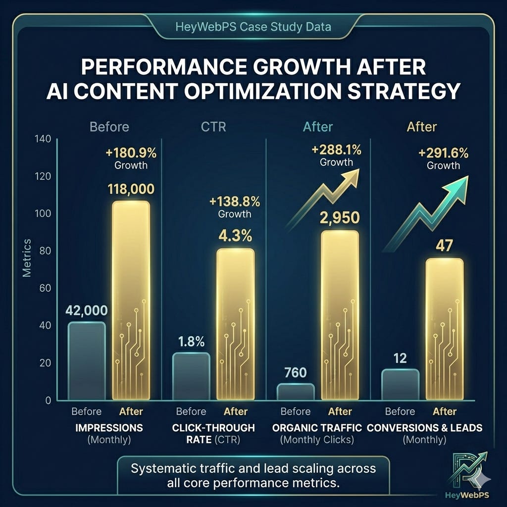 Bar chart comparing website impressions, CTR, organic traffic, and leads before and after AI content optimization Bar chart comparing website impressions, CTR, organic traffic, and leads before and after AI content optimization