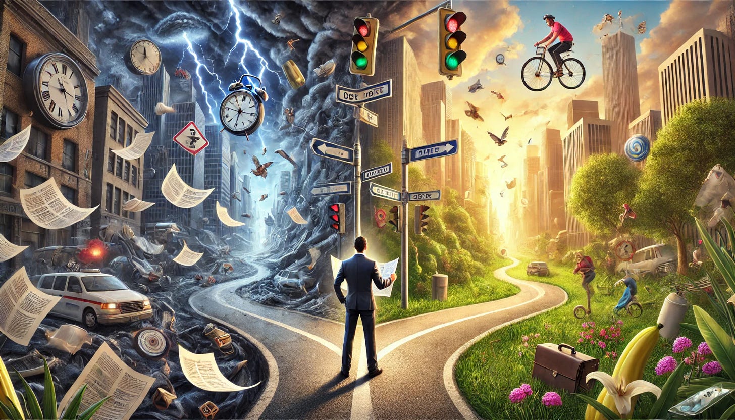 A photorealistic illustration of a confused entrepreneur with ADHD standing at a surreal urban crossroads. One path is extremely chaotic and stormy, with dark skies, lightning, and surreal distractions like flying papers, malfunctioning GPS devices, unicycle-riding mimes, floating alarm clocks, and clowns with briefcases. The atmosphere is intense, windy, and visually overwhelming. The other path is calm and radiant, with perfectly clear skies, soft warm sunlight, lush green trees, a quiet winding road, blooming flowers, and birds peacefully flying overhead. The calm path should be completely serene and visually soothing, with no elements of chaos—remove any bicycles or chaotic objects from the calm side. The entrepreneur, in modern business casual, stands at the center with an upside-down map, looking unsure. The contrast between the two paths is dramatic, using strong color and lighting differences. No text or signs in the image.
