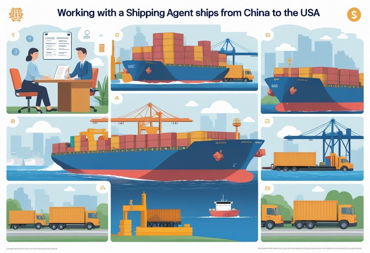 A step-by-step illustration showing a person working with a shipping agent, packaging goods, loading cargo onto a ship, the ship traveling across the ocean, customs inspection, and delivery at a warehouse. A step-by-step illustration showing a person working with a shipping agent, packaging goods, loading cargo onto a ship, the ship traveling across the ocean, customs inspection, and delivery at a warehouse.