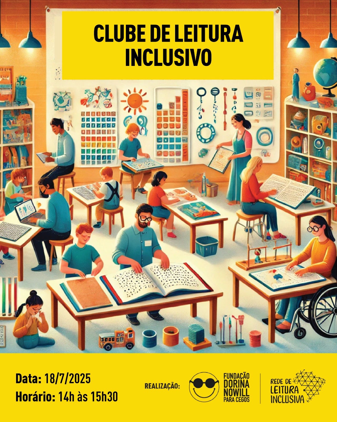 Descrição de imagem Be My Eyes: Cartaz com fundo amarelo e ilustração de pessoas em uma sala de aula ou oficina, trabalhando em mesas com livros e materiais de ciências. No topo, está escrito: "CLUBE DE LEITURA INCLUSIVO". Na parte inferior, em um retângulo amarelo, estão as informações: "Data: 18/07/2025" e "Horário: 14h às 15H30h". Abaixo, os logotipos da "Fundação Dorina Nowill para Cegos" e "Rede de Leitura Inclusiva".