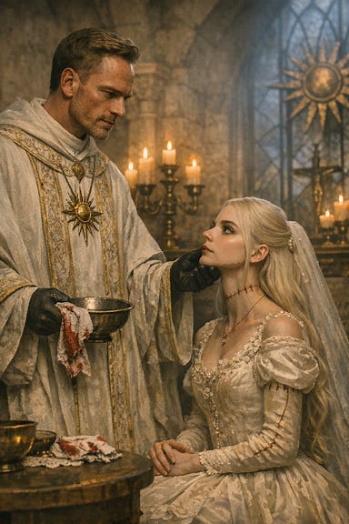 Abbot lecturing Vasilka in Abbey