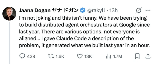 r/OpenAI - Google engineer: "I'm not joking and this isn't funny. ... I gave Claude a description of the problem, it generated what we built last year in an hour." r/OpenAI - Google engineer: "I'm not joking and this isn't funny. ... I gave Claude a description of the problem, it generated what we built last year in an hour."
