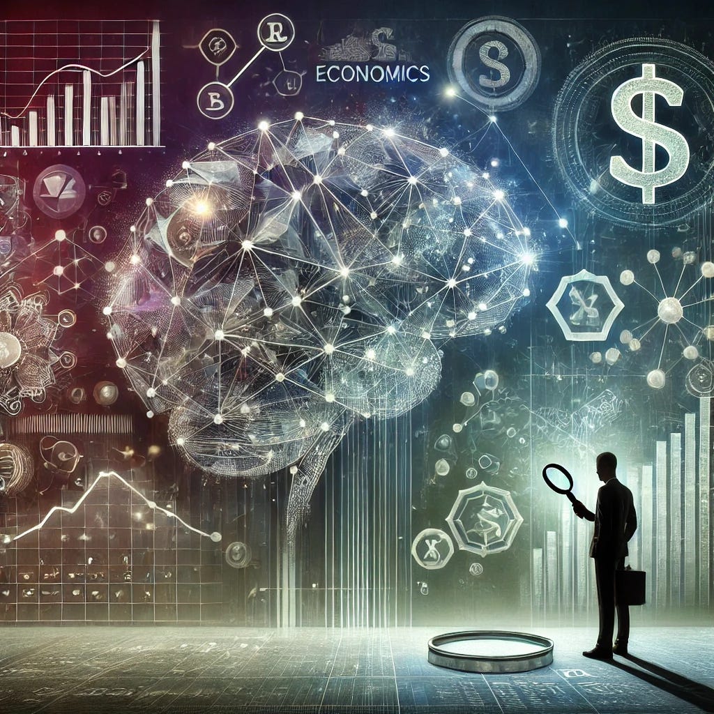A conceptual illustration representing econometric thinking, featuring a blend of abstract and concrete elements. The scene includes a large human brain made of interconnected data points and lines, symbolizing data analysis. Surrounding the brain are symbols of economics such as currency signs, graphs, and equations. A person in a business suit is seen holding a magnifying glass, examining the data. The background transitions from dark to light, reflecting insight and clarity. The overall style is modern and professional, with clean lines and balanced colors.