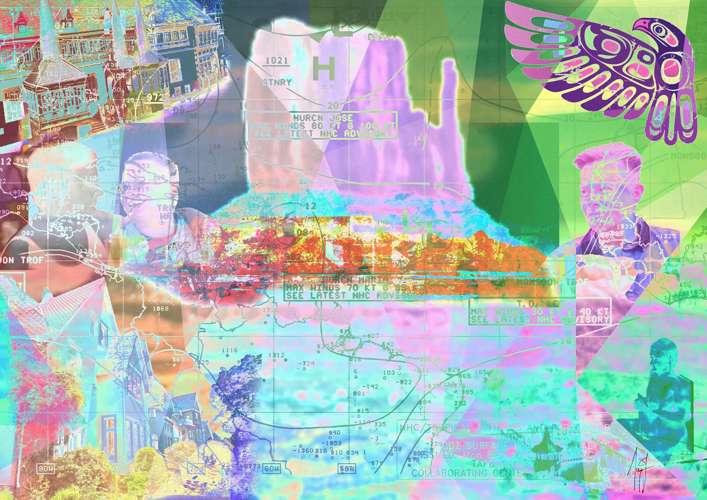 Full-color layered collage with high saturation and bright pastels. Features: the town hall of Einbeck (upper left), Jay with their late partner (center left), Jay’s long-time home (lower left), Monument Valley and Table Mountain overlay (center), Jay’s current portrait (middle right), Buddha at Dambulla (bottom right), and a vibrant Thunderbird graphic (top right). The image is overlaid with a storm chart, integrating map lines and text throughout.