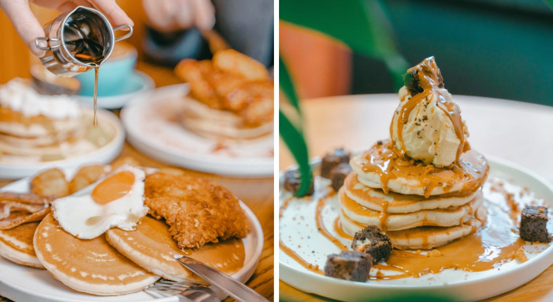 Two pictures - one of a stack of pancakes with chicken and egg on with syrup being poured over and one of a stack of pancakes surrounded by ice cream and brownies