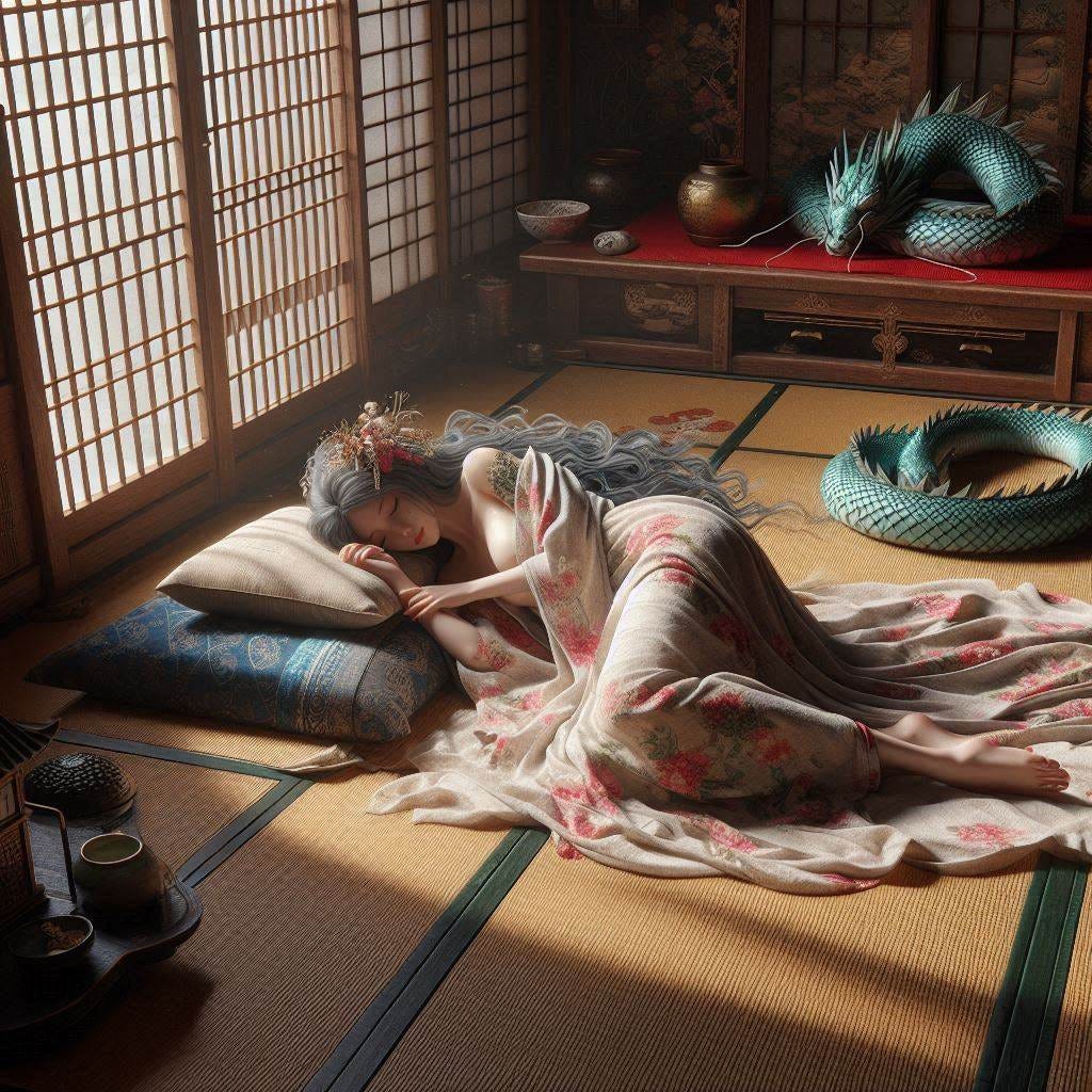 The Goddess Gaia Sleeps on a Tatami in a Japanese old-style home realistic digital art
