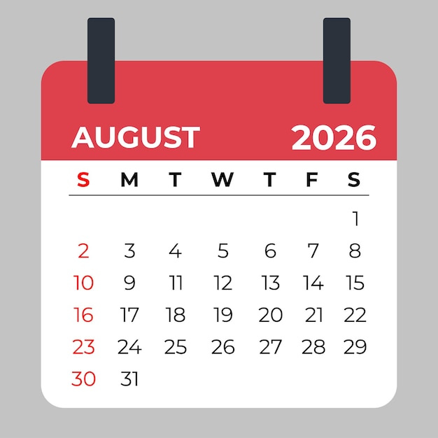 August 2026 calendar printable monthly planner desktop wall red and white  design | Premium Vector