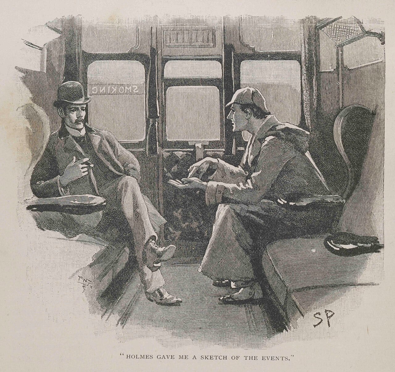 Pen and ink drawing of Sherlock Holmes and John Watson in a train car having an intent discussion