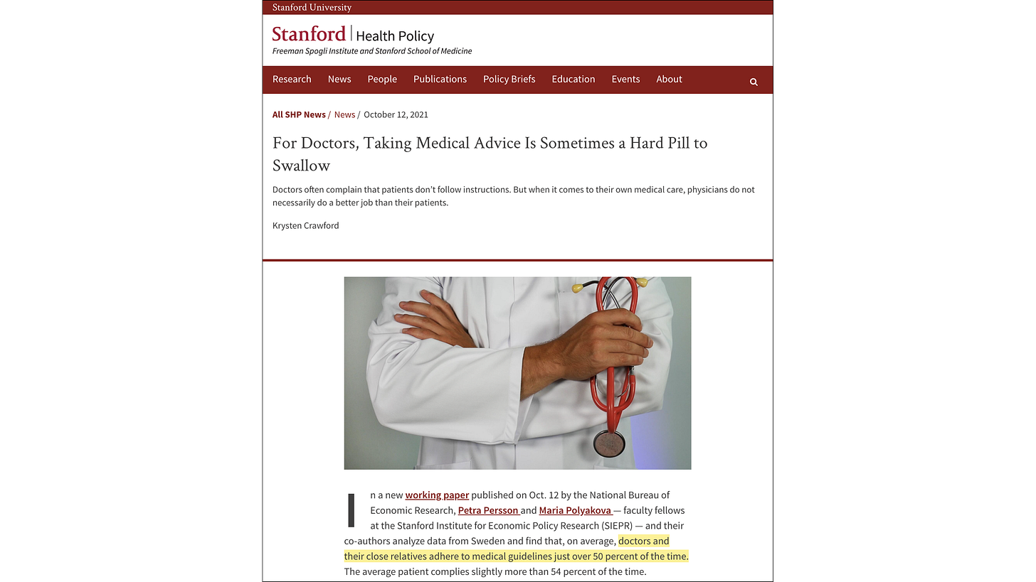 Stanford Health Policy, “For Doctors, Taking Medical Advice Is Sometimes a Hard Pill to Swallow” (12 October 2021)