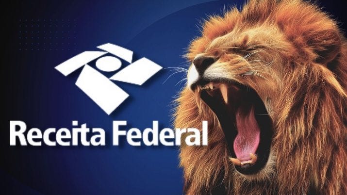 Montagem com um leão abocanhando o logo da Receita Federal - Restituição do IR 2025 Montagem com um leão abocanhando o logo da Receita Federal - Restituição do IR 2025