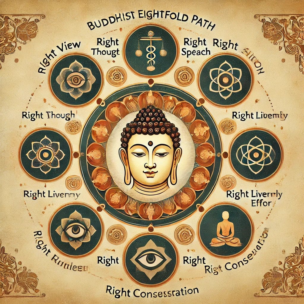 A beautifully designed diagram illustrating the Buddhist Eightfold Path. The diagram consists of a central circle with a serene Buddha face, surrounded by eight smaller circles, each representing one aspect of the path. The correct terms included are: Right View, Right Thought, Right Speech, Right Action, Right Livelihood, Right Effort, Right Mindfulness, and Right Concentration. Each concept is paired with an appropriate symbol, such as an eye for Right View and a meditating figure for Right Concentration. The background has a subtle parchment texture for an ancient, spiritual feel.