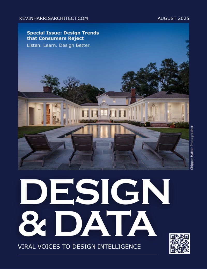 Professional report cover featuring a modern white house with pool and outdoor seating at dusk, titled 'Design & Data: Viral Voices to Design Intelligence' with Kevin Harris Architect branding