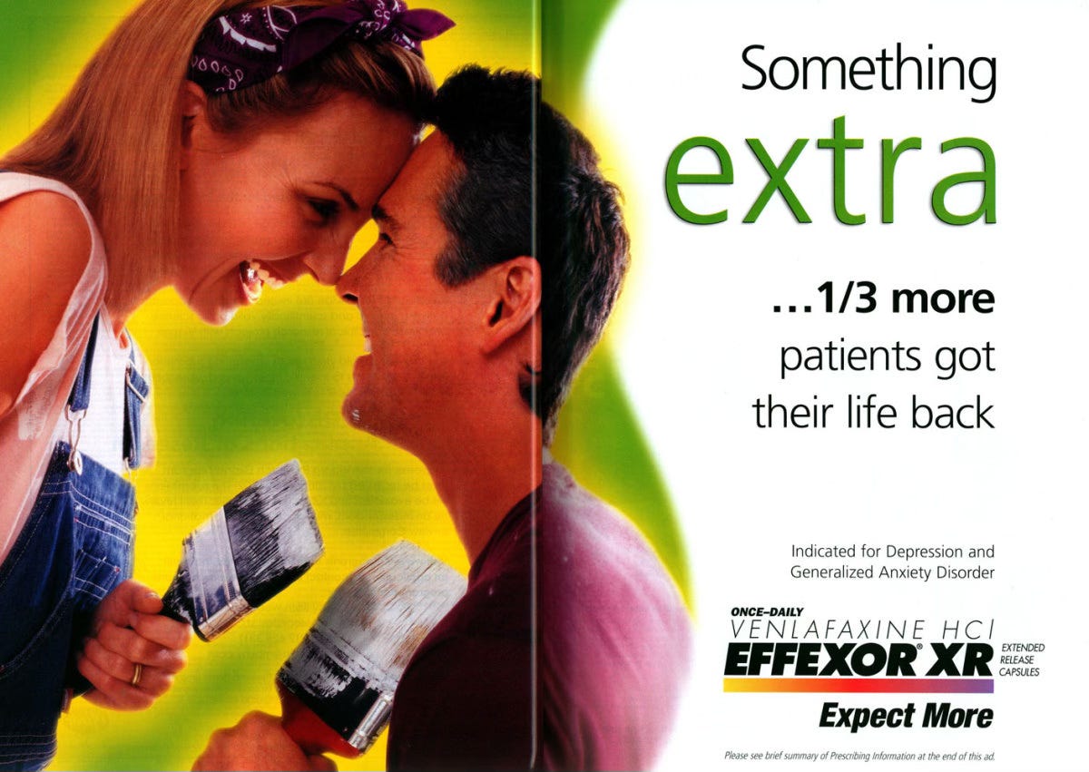 an advertisement for the antidepressant Effexor showing two happy people holding paintbrushes. "1/3 more patients got their life back," it says