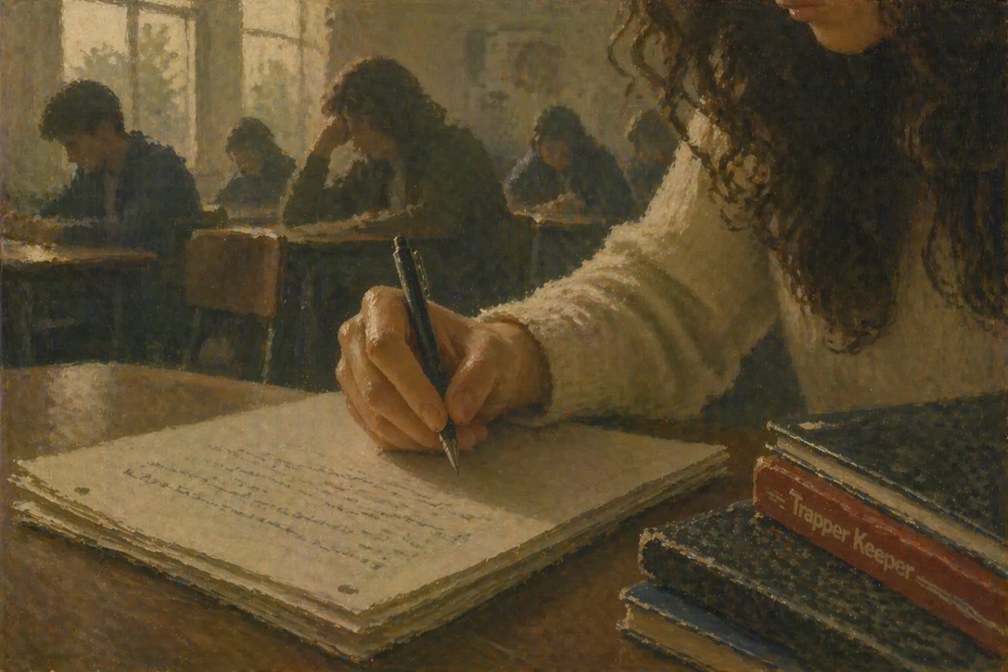 A Mexican American young woman’s hand writing with a pen on a stack of handwritten pages at a desk. A wristwatch is visible on the other arm, with books and a mug softly blurred in the background. Affirmative Action. California University. San Diego, CA.