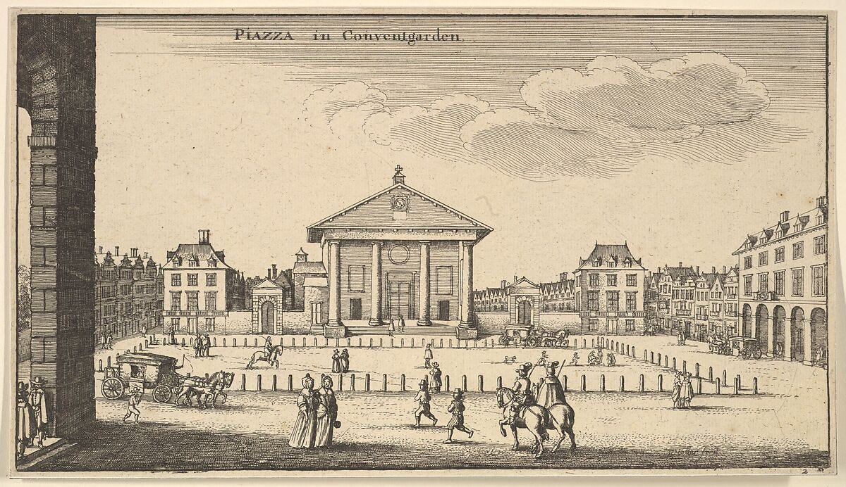 Piazza in Covent Garden, Wenceslaus Hollar (Bohemian, Prague 1607–1677 London), Etching; second state of two Piazza in Covent Garden, Wenceslaus Hollar (Bohemian, Prague 1607–1677 London), Etching; second state of two