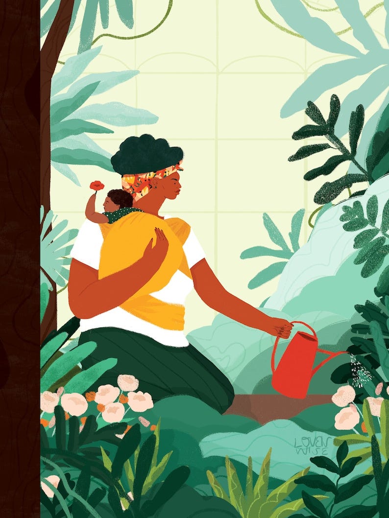 May include: A woman with a child on her back is watering plants in a lush green garden. She is wearing a yellow and green outfit and a floral headband. The garden is filled with various plants and flowers, including pink flowers and green leaves. May include: A woman with a child on her back is watering plants in a lush green garden. She is wearing a yellow and green outfit and a floral headband. The garden is filled with various plants and flowers, including pink flowers and green leaves.