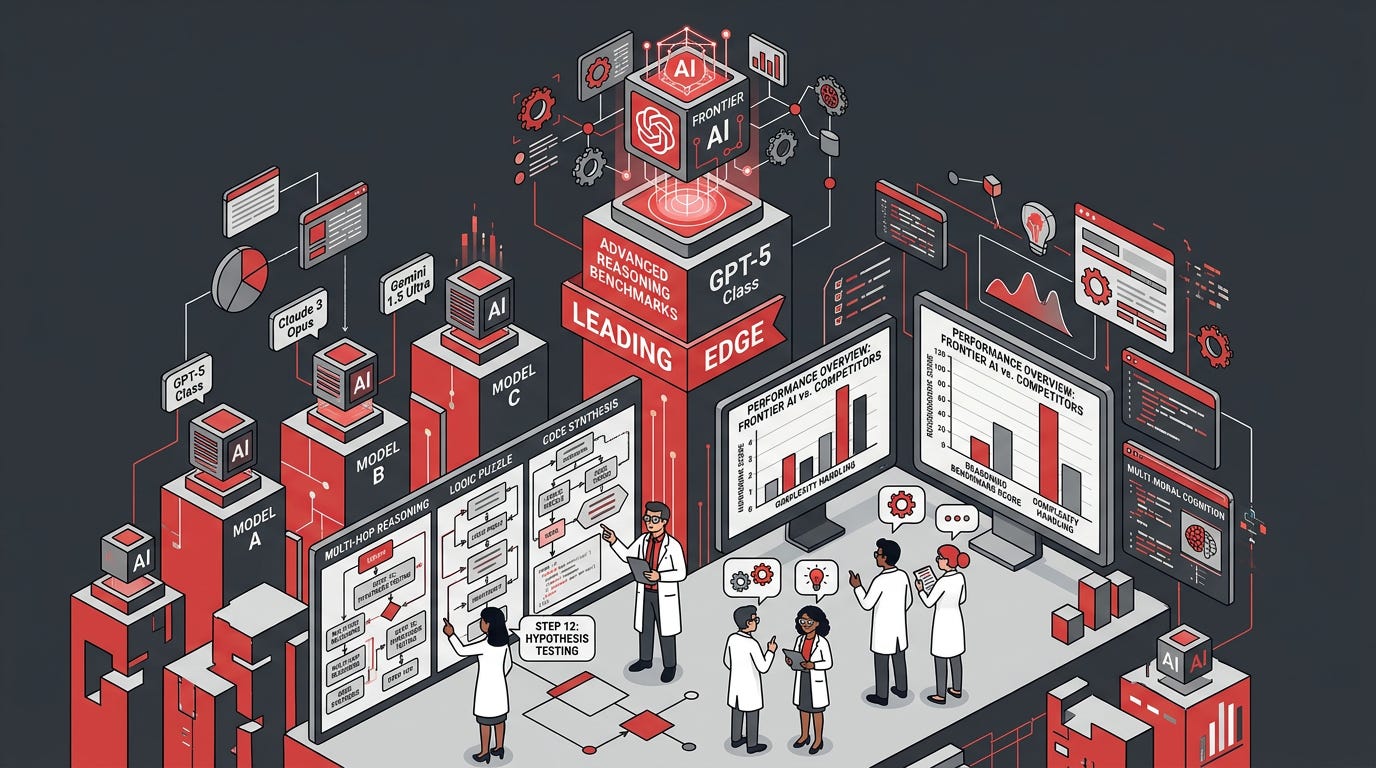 Flat isometric illustration of an advanced frontier AI model standing significantly higher than competing systems on an enormous benchmark podium while researchers analyze complex multi-step challenge boards below, visual emphasis on a decisive performance gap in advanced reasoning rather than consumer popularity, bold red and graphite gray color palette, clean vector art style, dark background, modern tech editorial aesthetic Flat isometric illustration of an advanced frontier AI model standing significantly higher than competing systems on an enormous benchmark podium while researchers analyze complex multi-step challenge boards below, visual emphasis on a decisive performance gap in advanced reasoning rather than consumer popularity, bold red and graphite gray color palette, clean vector art style, dark background, modern tech editorial aesthetic