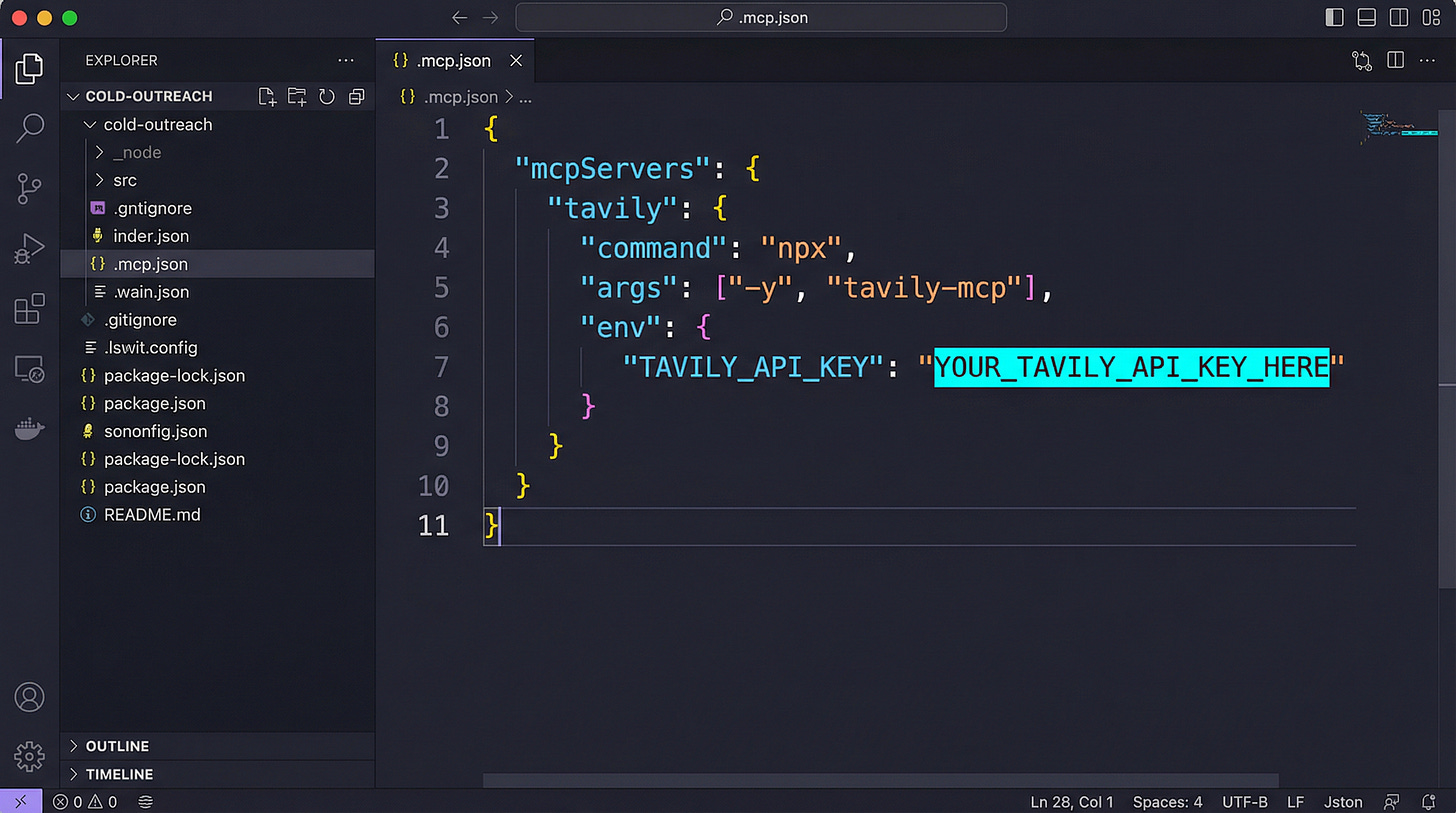 .mcp.json file open in VS Code showing the Tavily MCP configuration with the API key field highlighted in teal .mcp.json file open in VS Code showing the Tavily MCP configuration with the API key field highlighted in teal