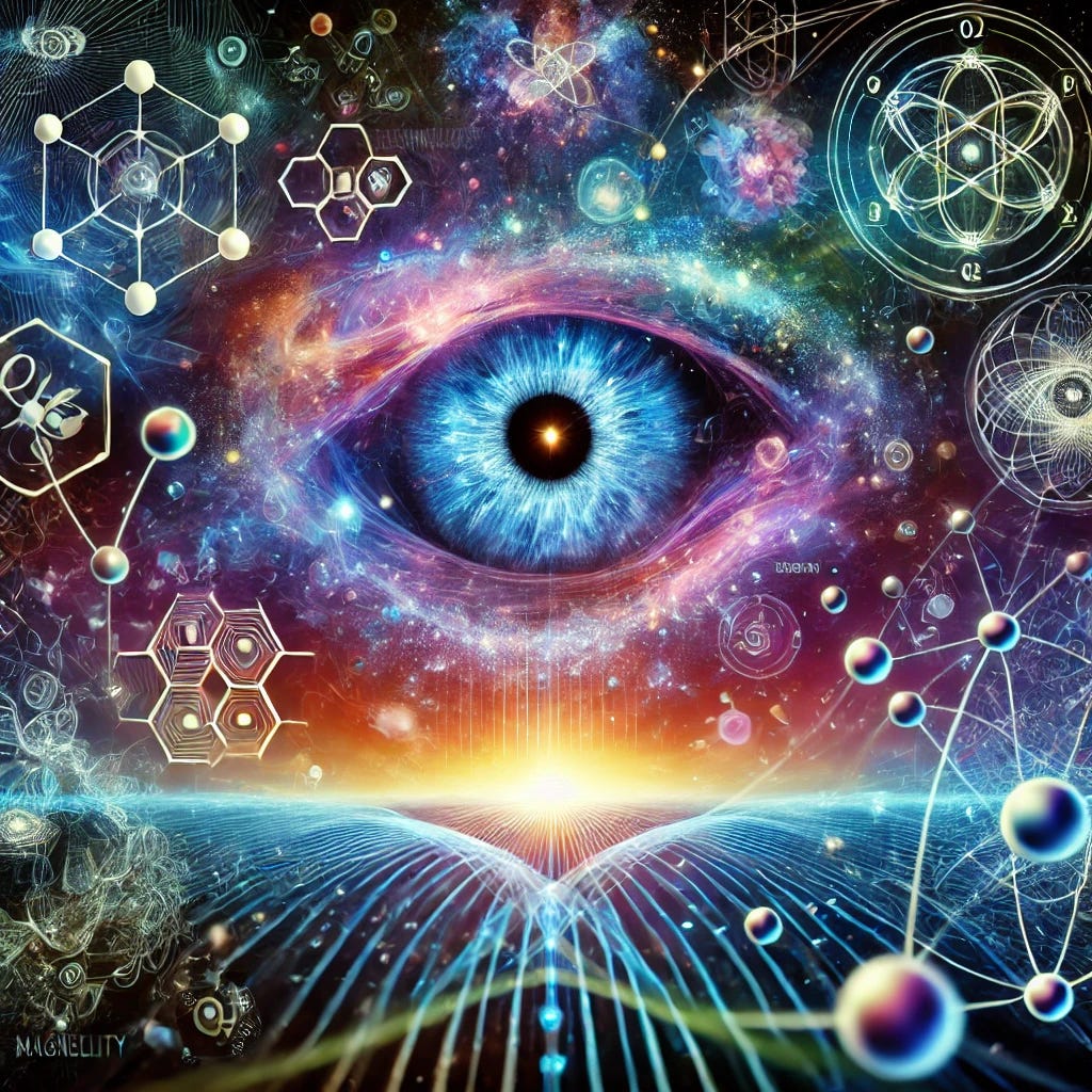 A visionary scientific illustration representing the expanded horizons of the Fiero Theory of Magnetivity. Show interconnected concepts like quantum technology (with quantum dots, magnetic fields), the origin of life (molecular structures with chirality symbols), and consciousness (neural networks with magnetic field overlays). Use a cosmic, futuristic aesthetic with deep colors like blues, purples, and highlights of neon green. This abstract yet detailed composition should convey Magnetivity's impact on diverse fields like quantum mechanics, biology, and neuroscience. A visionary scientific illustration representing the expanded horizons of the Fiero Theory of Magnetivity. Show interconnected concepts like quantum technology (with quantum dots, magnetic fields), the origin of life (molecular structures with chirality symbols), and consciousness (neural networks with magnetic field overlays). Use a cosmic, futuristic aesthetic with deep colors like blues, purples, and highlights of neon green. This abstract yet detailed composition should convey Magnetivity's impact on diverse fields like quantum mechanics, biology, and neuroscience.