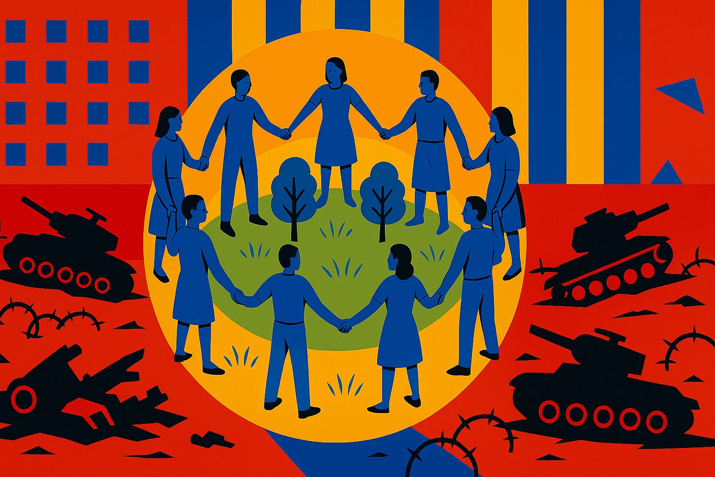 A group of people holding hands in a circle