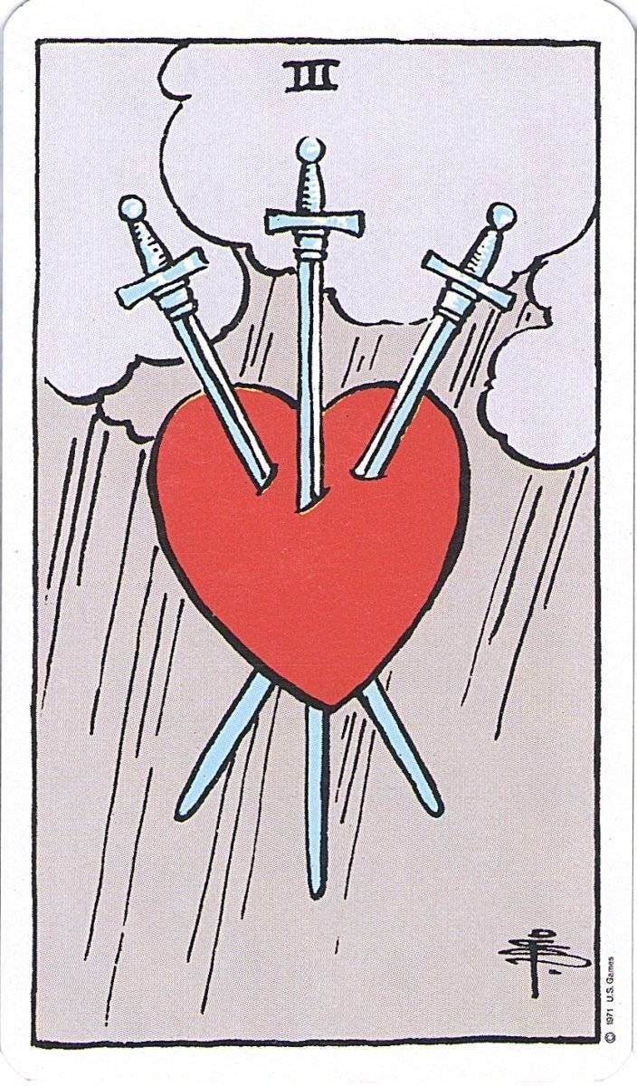 This may contain: a tarot card with two swords and a heart in the middle, surrounded by rain