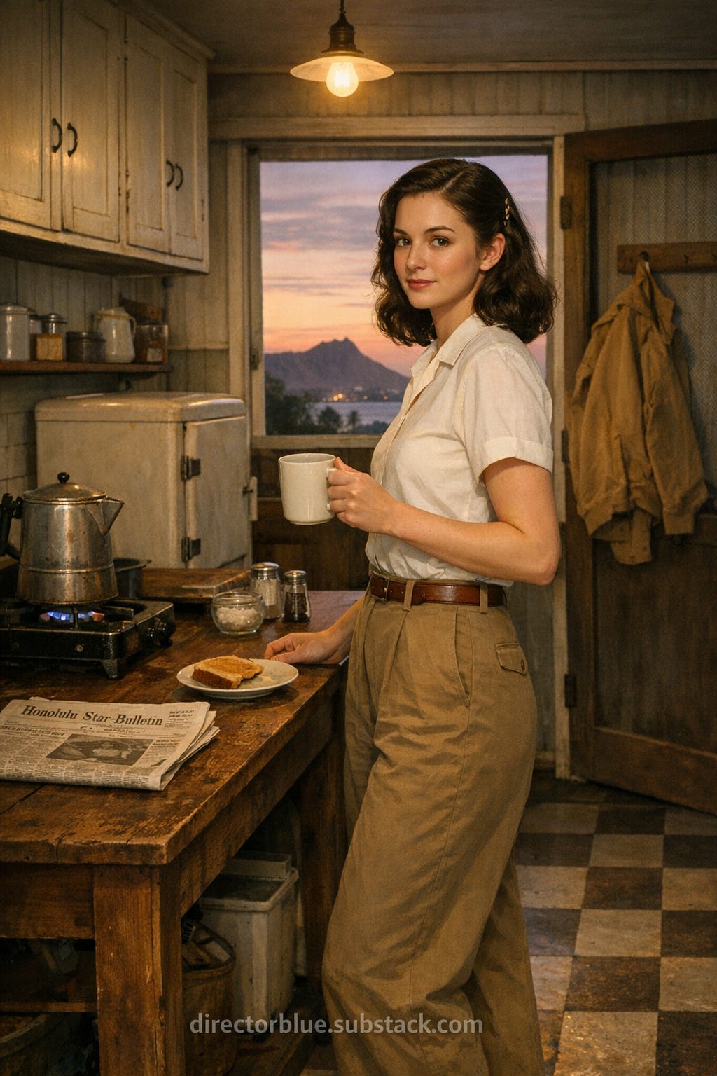 IMAGE PROMPT FOR 1941 HISTORY CLASS H101: Photorealistic 9x16 portraitformat photograph of a small, simple 1940s Hawaiian boarding house kitchen at early morning, 5:50 AM, soft dawn light filtering through a window. A tall, slender 22yearold woman with shoulderlength dark brown wavy hair pinned back neatly from her face with a tortoiseshell hair clip stands at a narrow wooden kitchen counter. She has fair, lightly sunkissed skin, high cheekbones, a straight refined nose, defined feminine jawline, warm brown eyes, and wears only a light touch of naturaltone lipstick. She is dressed in highwaisted khaki wideleg cotton trousers with a brown leather belt, a white shortsleeve cotton blouse tucked in crisply, and brown leather laceup oxford shoes. She holds a white ceramic coffee mug in her right hand, a halfeaten piece of toast on a small plate beside her on the counter. On the worn wooden kitchen table behind her: a folded copy of the Honolulu StarBulletin newspaper dated December 6, 1941, a glass sugar bowl, salt and pepper shakers. A dented aluminum percolator sits on a small gas stove. A tan lightweight cotton flight jacket hangs on a wooden hook by the screen door. Through the window, the first pale pinkgold light of dawn over a distant silhouette of Diamond Head crater. The kitchen has simple painted wooden cabinets, a small icebox, linoleum flooring in a checkerboard pattern, and a bare overhead bulb turned on. Atmosphere is quiet and routine. Subtle visible watermark in the lower portion of the image reading directorblue.substack.com. Hyperrealistic photographic quality, periodaccurate 1941 Hawaiian detail, natural lighting, no digital artifacts..png