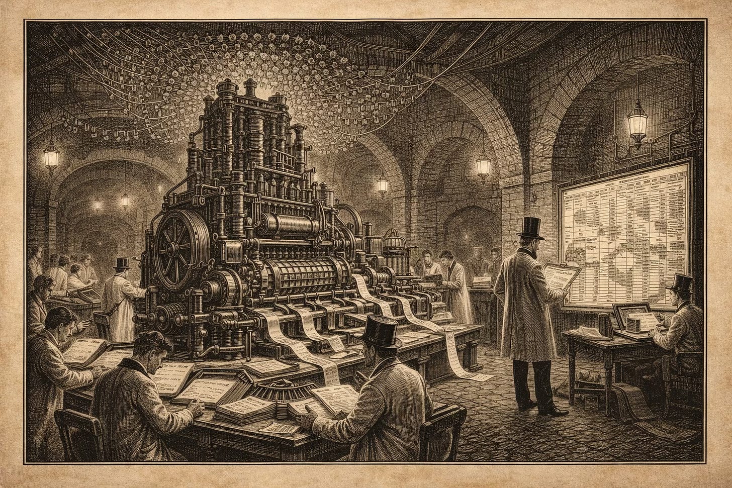 Victorian engraving illustration of a massive brass analytical engine in an underground vault operated by Victorian technicians, representing Netflix's behavioral data infrastructure and viewing pattern analysis system that drives content and acquisition decisions.