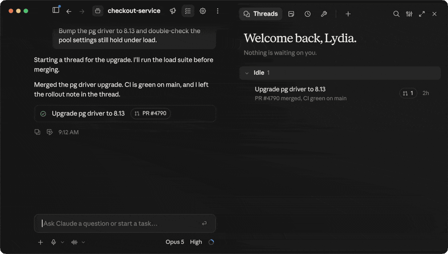 A project in the Claude Code desktop app: the conversation on the left where Claude reports what each thread did, and the Threads pane on the right grouping its threads into Working, Idle and Resolved A project in the Claude Code desktop app: the conversation on the left where Claude reports what each thread did, and the Threads pane on the right grouping its threads into Working, Idle and Resolved