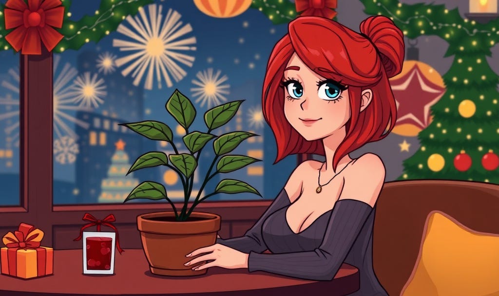 a cartoon woman with red hair and blue eyes on a new years eve date with a potted plant and there are holiday decorations around her