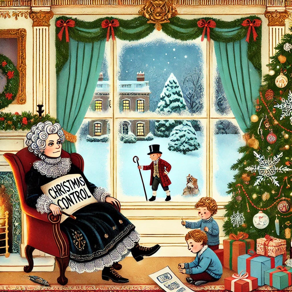 A whimsical and slightly satirical cartoon-style illustration of a female Ebenezer Scrooge sitting in a grand, overly decorated Christmas living room with an ornate fireplace and an opulent tree. She holds a bag labeled 'Christmas Control' while looking smug. Outside a frosted window, the children’s father is shown in a shabby coat, sitting on a bench in the snow, trying to wrap presents with minimal supplies. The three male children are inside, sitting near the tree with sad expressions, holding handmade cards for their father. The setting is festive but emphasizes the contrast between the warmth inside and the cold outside, with a playful, light-hearted tone.