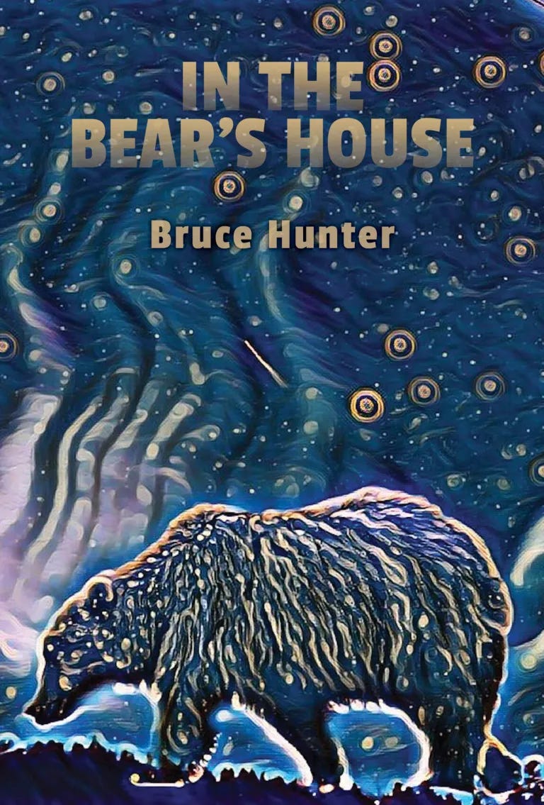 Cover image for In the Bear's House, featuring a painting of a bear in blue and white tones against a night sky backdrop