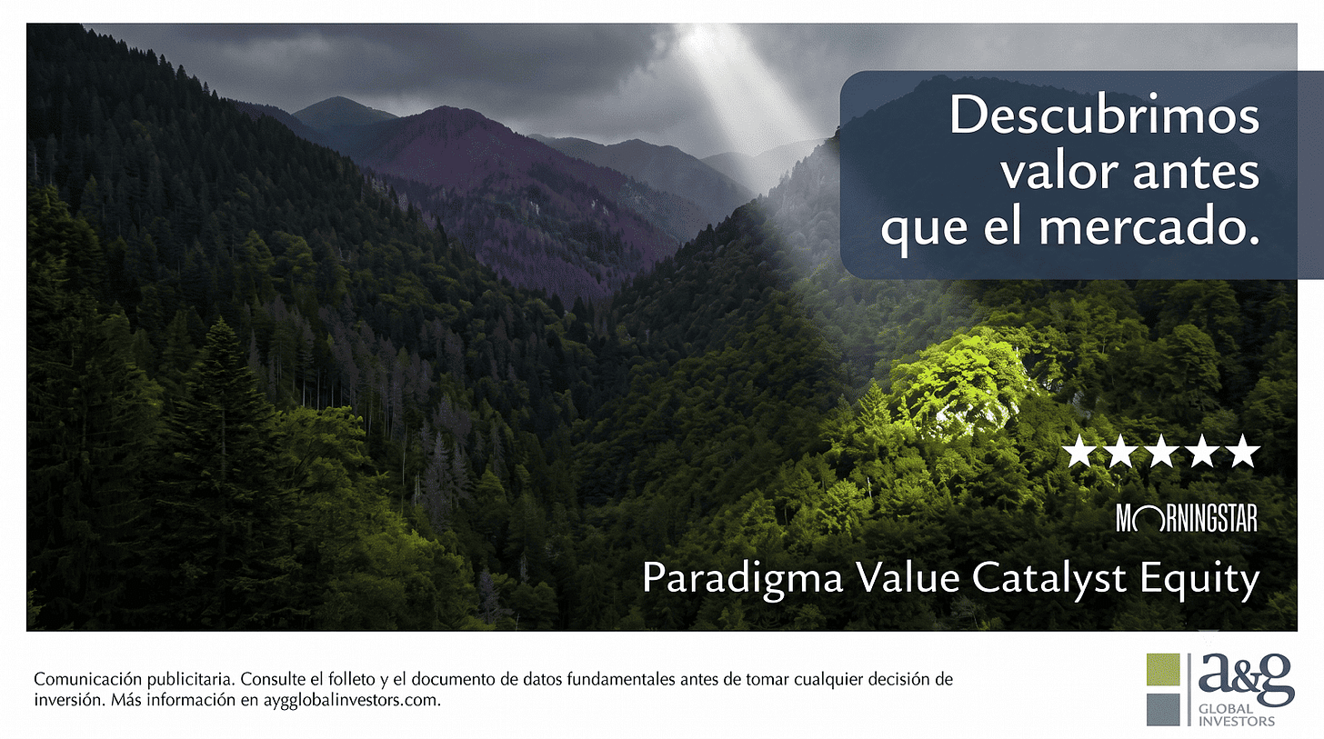 Imagen publicitaria de un fondo de inversión, que utiliza un paisaje de montañas oscuras y boscosas con un solo rayo de sol que ilumina una pequeña zona brillante, simbolizando el descubrimiento de valor oculto. En la parte superior derecha, un recuadro azul oscuro contiene el texto: 'Descubrimos valor antes que el mercado.'. En la parte inferior derecha, se muestra el nombre del fondo 'Paradigma Value Catalyst Equity', junto con una calificación de cinco estrellas de Morningstar y el logotipo de A&G Global Investors. Imagen publicitaria de un fondo de inversión, que utiliza un paisaje de montañas oscuras y boscosas con un solo rayo de sol que ilumina una pequeña zona brillante, simbolizando el descubrimiento de valor oculto. En la parte superior derecha, un recuadro azul oscuro contiene el texto: 'Descubrimos valor antes que el mercado.'. En la parte inferior derecha, se muestra el nombre del fondo 'Paradigma Value Catalyst Equity', junto con una calificación de cinco estrellas de Morningstar y el logotipo de A&G Global Investors.