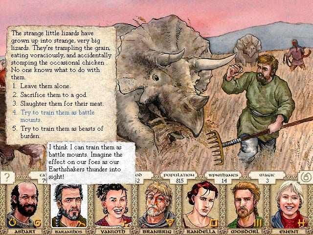 Screenshot from King of Dragon Pass, showing artwork of a farmer running away from a large rhinocerous-like creature in a hay field, and the text of a scenario. Along the bottom are portraits of 7 advisors.