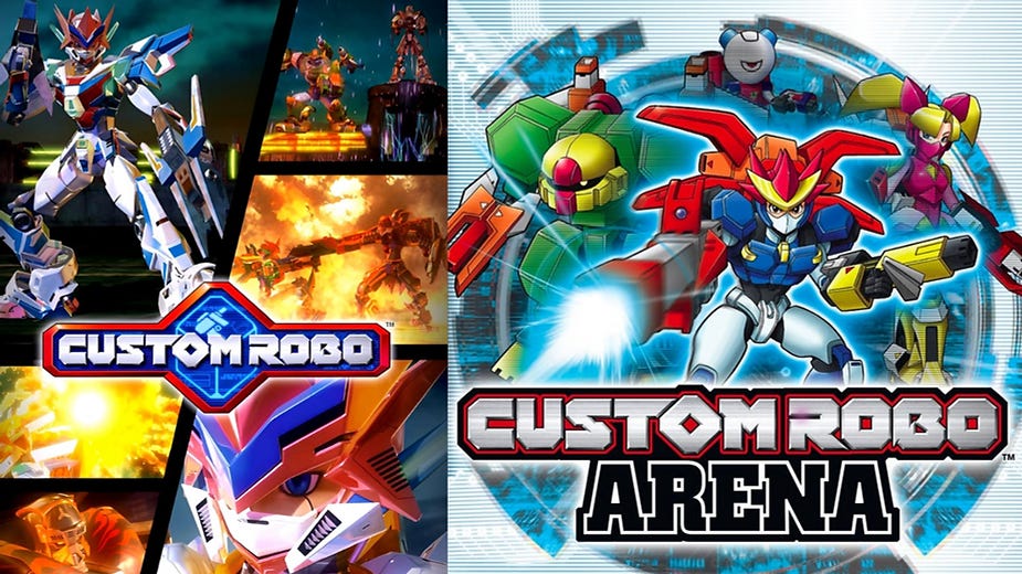 Robots in dynamic poses with vibrant colors and glowing effects. Explosions in background. Text: "Custom Robo Arena" with energetic feel.