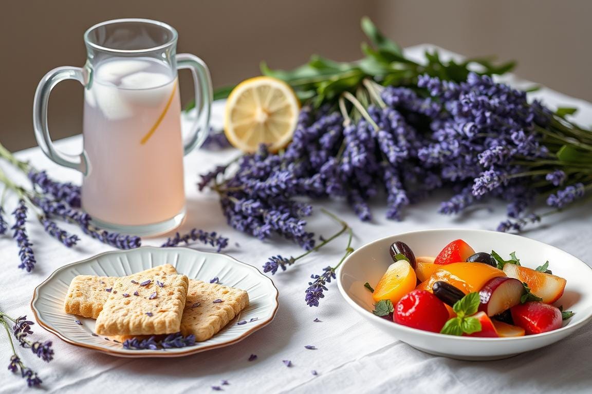 Lavender iced tea with lavender shortbread, a bowl of fruit, on a table with sprigs of lavender.