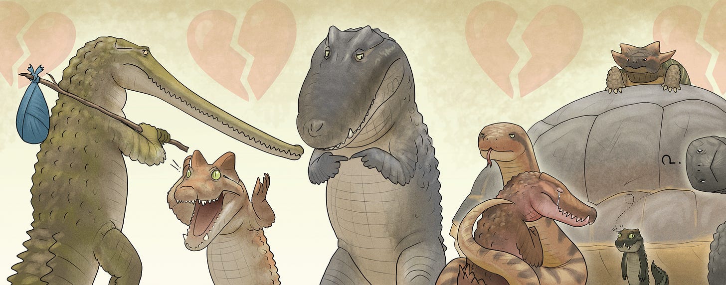 A showcase of non-avian reptiles not featured in "Prehistoric Planet: Ice Age." From left to right: Euthecodon, Voay, Crocodylus thorbjarnarsoni, Quinkana, Wonambi, Mekosuchus, Meiolania, and Megalochelys.