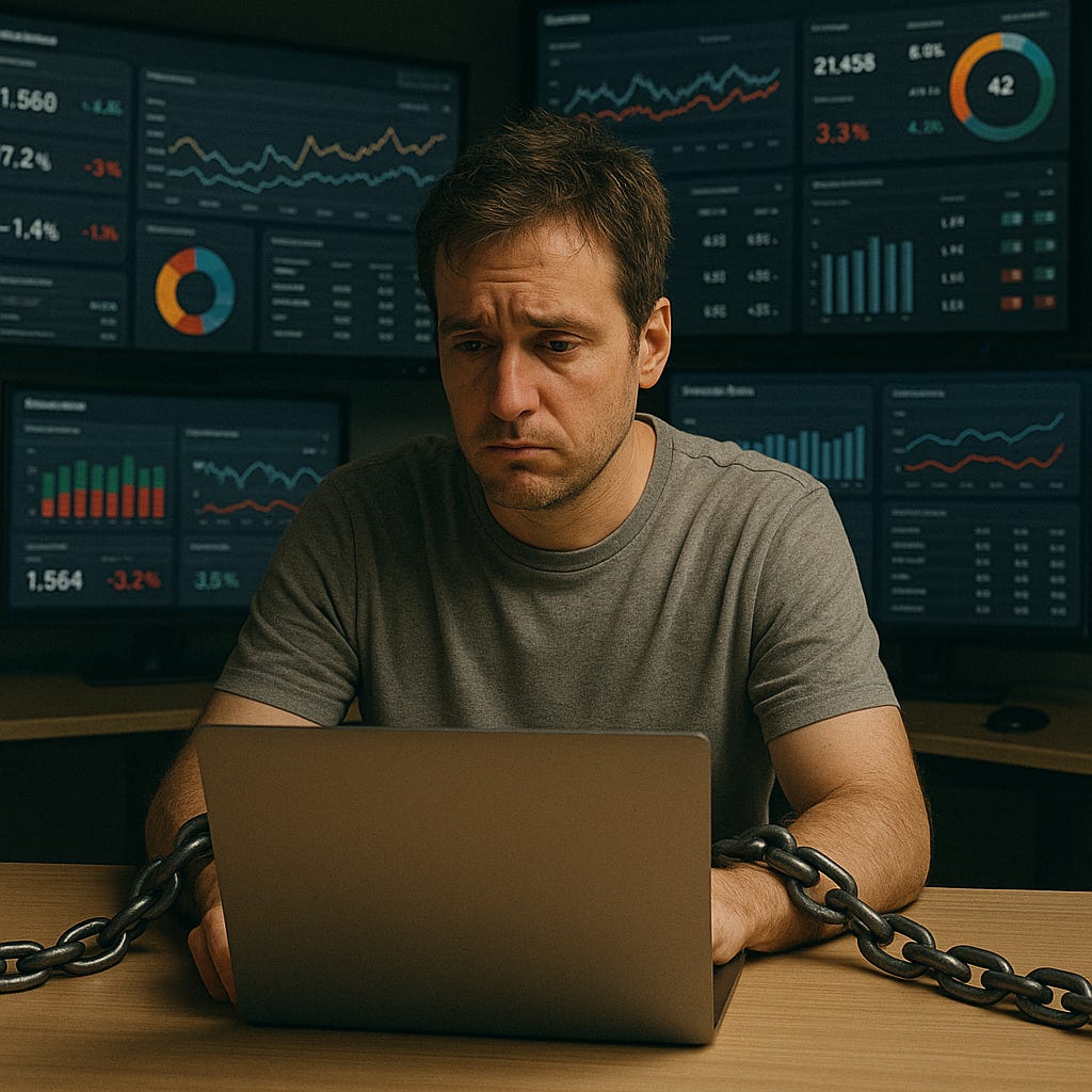 Overworked entrepreneur chained to a laptop, surrounded by performance dashboards, symbolizing toxic work culture in startups.