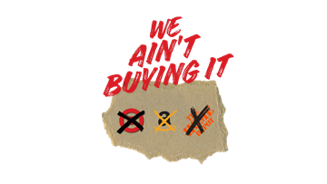Transparent background image of We Ain't Buying It campaign logo with "x" across the logos of Target, Amazon, and Home Depot. Transparent background image of We Ain't Buying It campaign logo with "x" across the logos of Target, Amazon, and Home Depot.