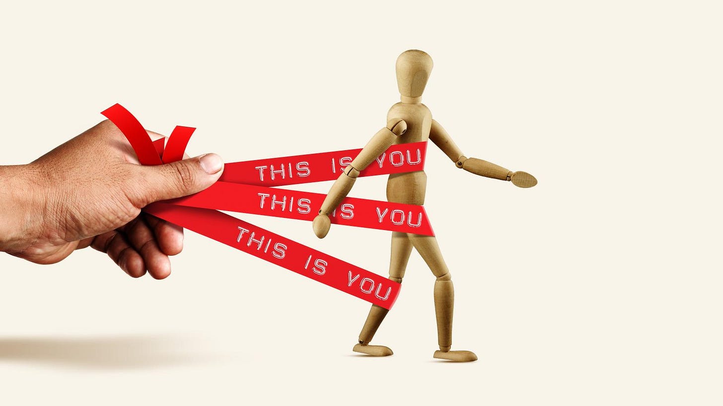 An illustration of a wooden figure with labels that say this is you