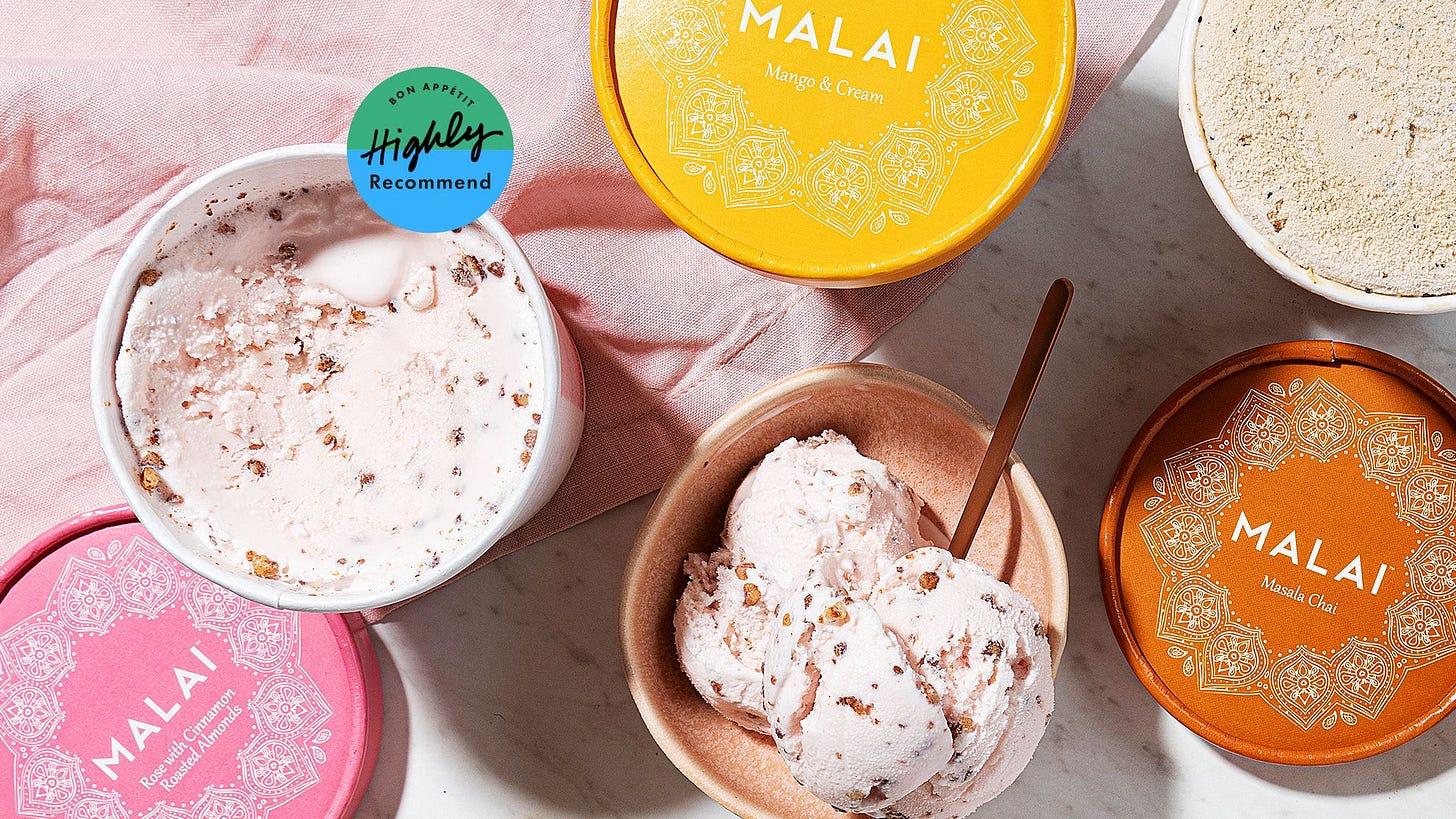Pints of Malai ice cream in mnago  cream masala chai and rose cardamom flavors