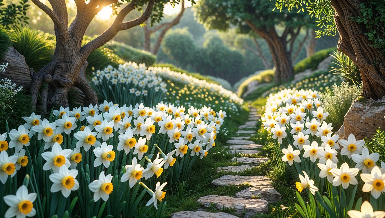 Lush Israelite forest path, covered foliage and white daffodils, at sunset, depicting Song of Solomon 6:2 KJV. Lush Israelite forest path, covered foliage and white daffodils, at sunset, depicting Song of Solomon 6:2 KJV.