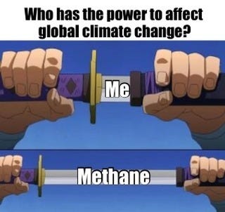 Text: "Who has the power to affect global climate change?" Two anime panels of hands drawing a sword: a tiny blade labelled "Me" and a very long one labelled "Methane".