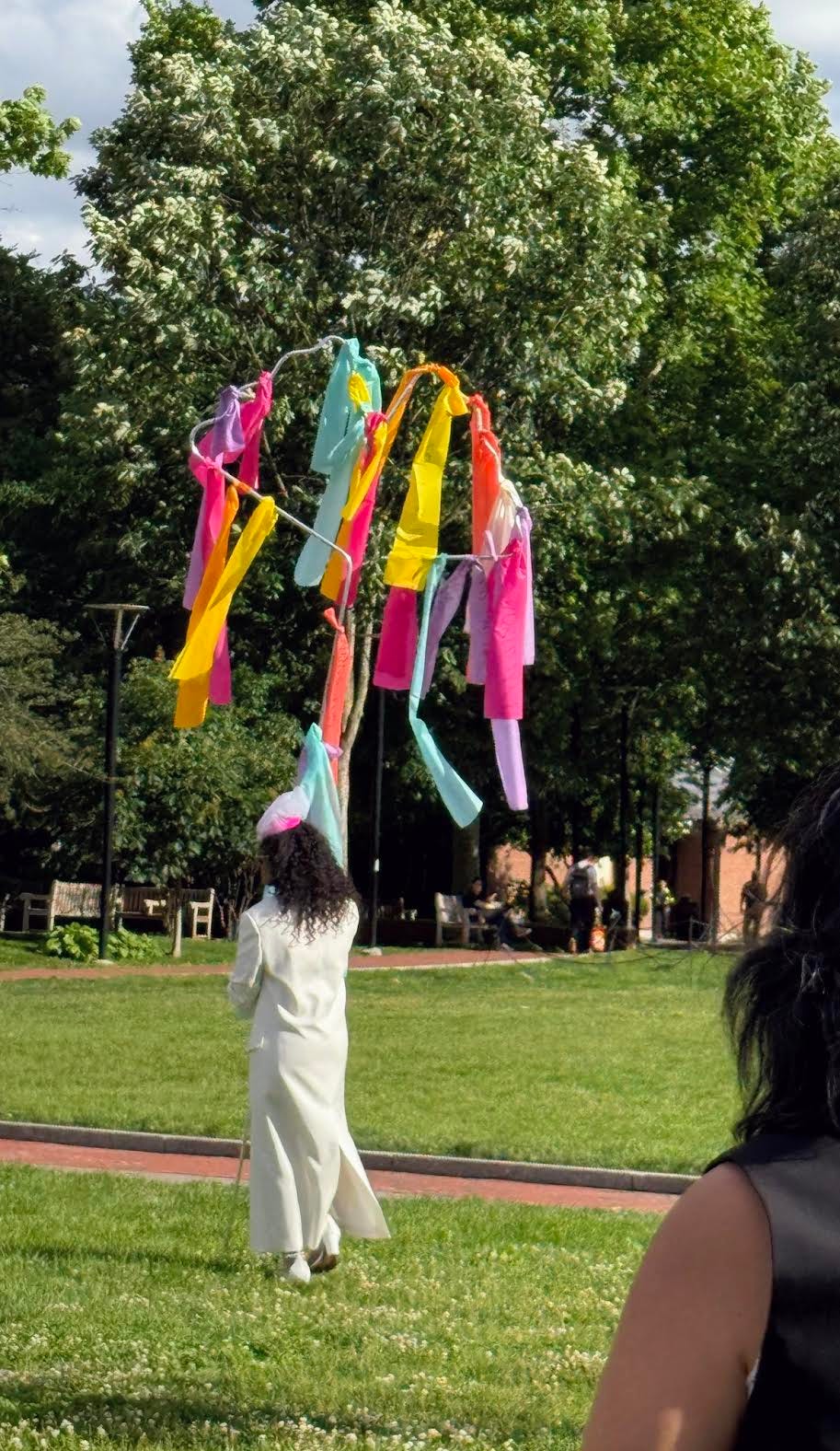 image of artist lifting a large metal gingko leaf covered in brightly colored strips of sailcloth against a treelined background image of artist lifting a large metal gingko leaf covered in brightly colored strips of sailcloth against a treelined background