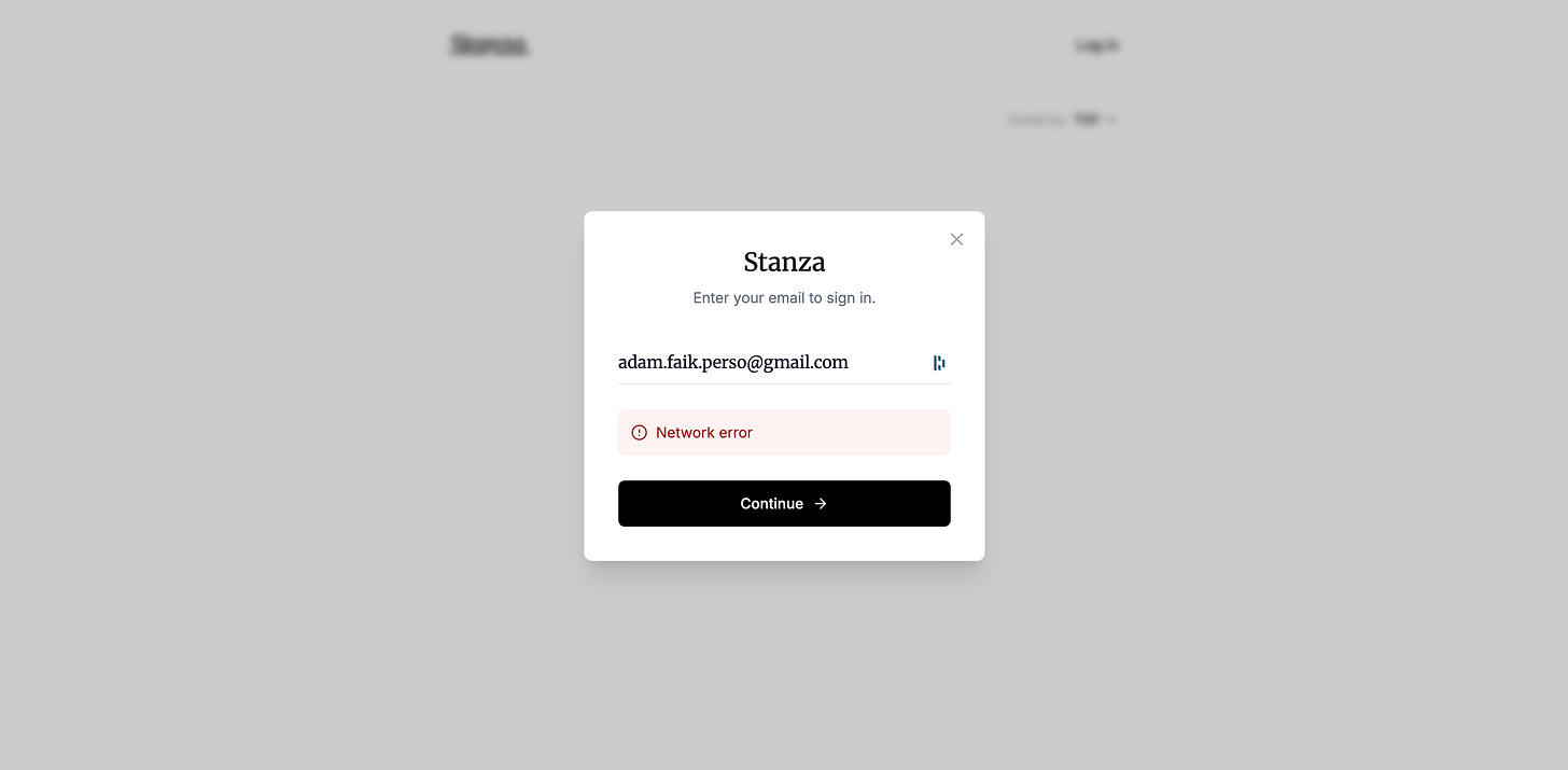 A web page shows a login popup containing a red network error message. A web page shows a login popup containing a red network error message.