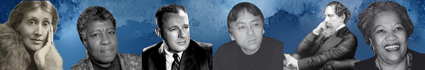 Black and white images of six well-known authors against an ink-sketched image of a deep blue night sky. Authors include: Virginia Woolf, Octavia Butler, Ray Bradbury, Kazuo Ishiguro, Charles Dickens, and Toni Morrison.