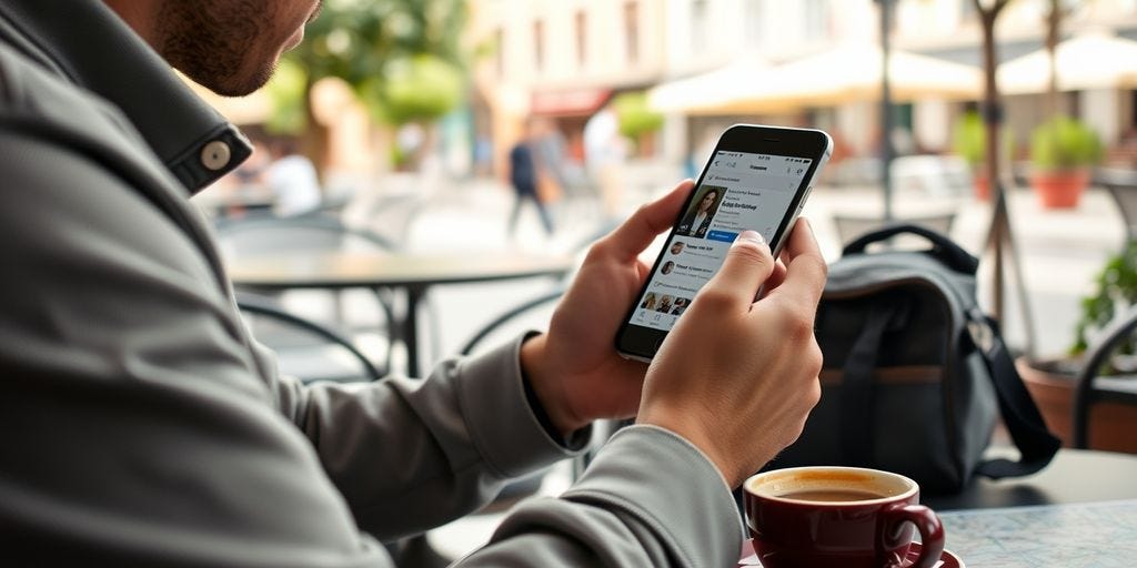 Traveler using smartphone at outdoor café.