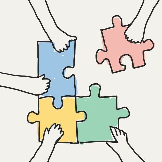 This may contain: four hands holding pieces of a puzzle together