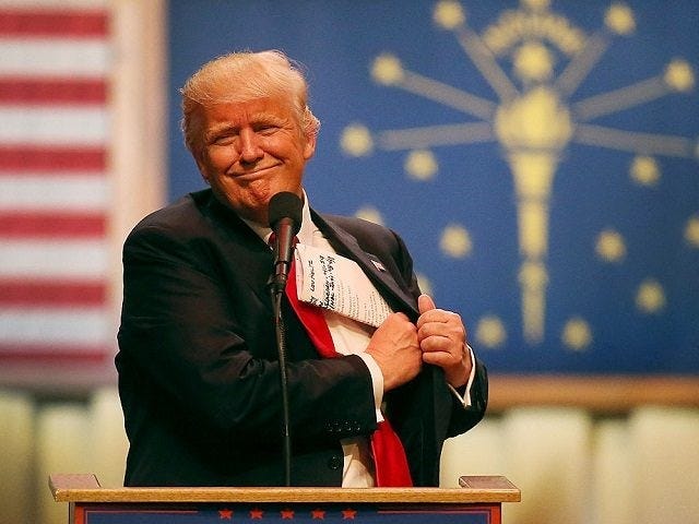 CARMEL, IN - MAY 02: Republican presidential candidate Donald Trump speaks during a campaign stop at the Palladium at the Center for the Performing ArtsÊon May 2, 2016 in Carmel, Indiana. Trump continues to campaign leading up to the state of Indiana's primary day on Tuesday. (Photo by Joe Raedle/Getty …